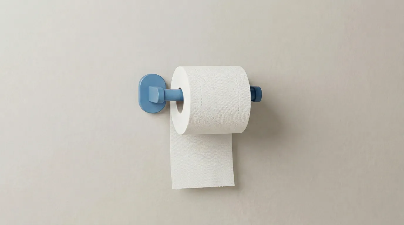 A toilet paper on a holder placed in a way that makes it hard to use